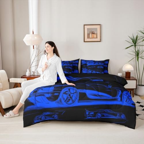Feelyou Blue Race Car Comforter Set Twin Size 7 Pieces Speed Sports Car Bedding Set for Kids Boys Girls Extreme Sports Bed in a Bag with Comforter, Sheets, Pillowcases, Cushion Covers Quilted