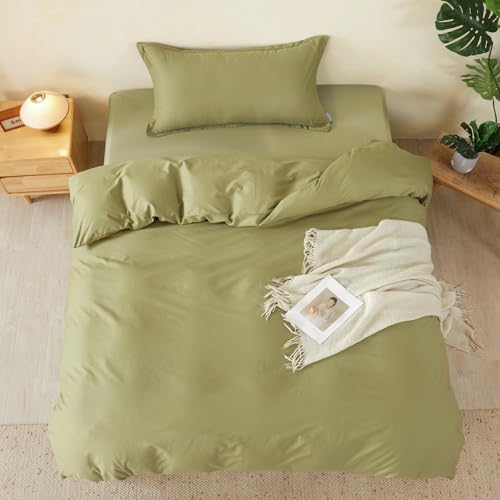 Duvet Cover Set Twin Size 100% Organic Cotton Olive Green, SAPHREAS 2 Pcs Soft Bedding Comforter Cover with Zipper Closure & Corner Ties, Comforter Not Included