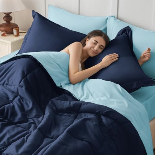 JOLLYVOGUE Twin XL Comforter Set, Ultra-Soft Bed in a Bag Twin XL Size 5 Pieces, Oeko-TEX Certified Bedding Set with Down Alternative Comforter, Sheets, Pillowcases & Shams, Navy & Light Blue