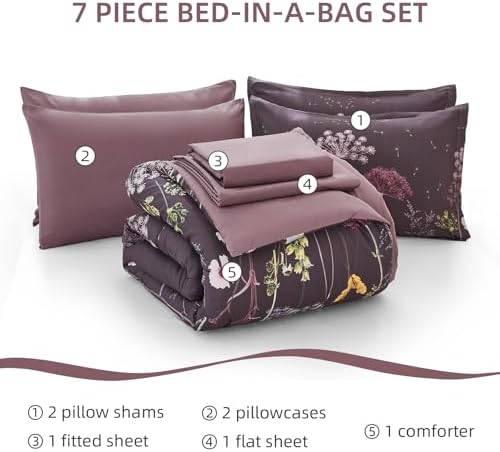 Yiran Purple Comforter Set King Size, 7 Piece Floral Dandelion Comforter Bedding Set, Botanical Bed in a Bag King, Soft Microfiber Complete Bedding Set with Sheets for All Season