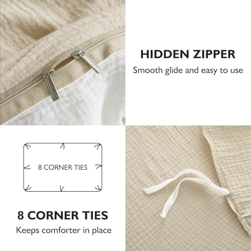 EMME Muslin Cotton Duvet Cover Set Linen Like Beige&White Queen