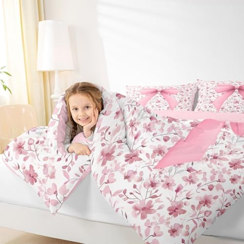 jejeloiu Girls Pink Bow Comforter Set Queen Size Bow Bedding Set for Kids Boys Girls Cute Bowknot Duvet Quilt Bedroom Decor Microfiber 3 Pcs with 2 Pillow Cases