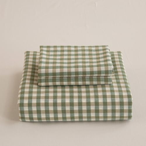 Mucalis Green Gingham Duvet Cover King Plaid Duvet Cover Set 100% Washed Cotton Vintage Checkered 3 Piece Grid Bedding Set with Zipper Closure Corner Ties,Durable,Breathable,Easy Care