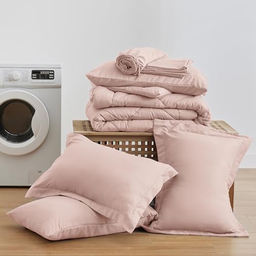 Love's cabin King Size Comforter Set Pink, 7 Pieces King Bed in a Bag, All Season Bedding Sets with 1 Comforter, 1 Flat Sheet, 1 Fitted Sheet, 2 Pillowcase and 2 Pillow Sham