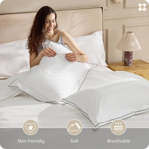 Bedsure PureWoven 100% Cotton Percale Duvet Cover King, Leaf Edge, White