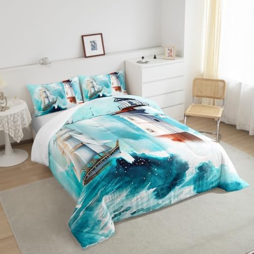 Nautical Comforter Set King Size Lighthouse Sailing Boat Bedding Set 3pcs for Kids Teens Boys Girls Room Decor,Watercolor Waves Down Comforter Ocean Adventure Quilt Set with 2 Pillowcases