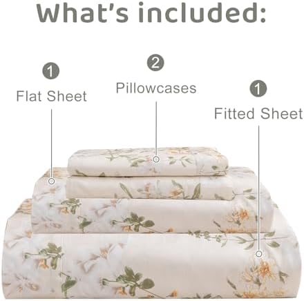 QSH Floral Queen Size Sheet Sets - 100% Egyptian Cotton Sheets Elegant Yellow Green Leaves Pattern Printed Bedding Sheets Queen Size Bed Extra Soft and Breathable 4pcs Deep Pockets Bed Sheets