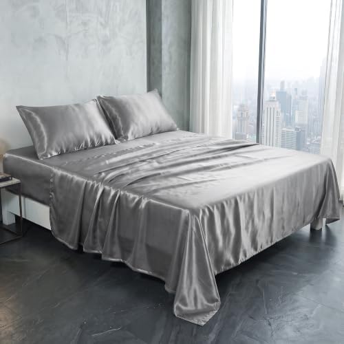 Moonsea Satin Sheets Queen Sheet Set Deep Pocket 4 Piece Bed Sheets, Grey