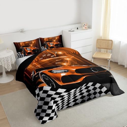 Erosebridal Orange Race Car Comforter Set for Teen Boys,Glitter Ombre Line Art Bedding Set Neon Light Sports Car Dashboard Quilt Full,Black and White Grid Lattice Buffalo Plaid Decor