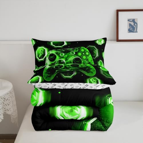 Feelyou Kids Green Gamer Bedding Set Toddler Size, Game Console Comforter Set Boys Girls Space Universe Gaming Comforter Gamepad Teens Duvet Set Bedroom Decor with 1 Pillow Case