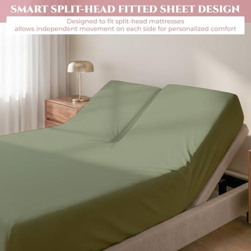 Split Top King Fitted Sheet Only for Sleep Number Adjustable Beds,100% Giza Cotton,Split Top King Fitted Sheet for Adjustable Bed,Adjustable Bed Fitted Sheet 34" Flex Head King Size,1 Pc (Sage)