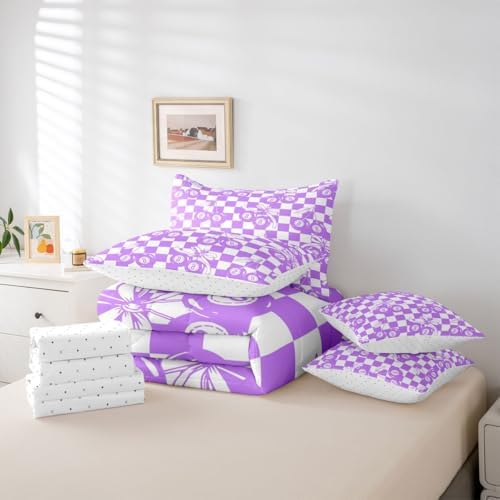 Lucky 8 Ball 7 Piece Bedding Set Full Purple Fashion Y2K Comforter Set For Kids Boys Girls Coquette Bow Bed In A Bag With Sheets Violet White Checkered Plaid Bed Set Trendy Aesthetic Preppy Room Decor