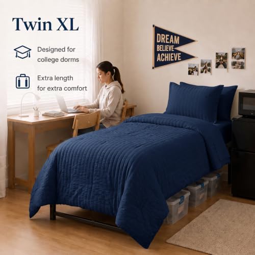 CozyLux Twin XL Comforter Set, 5 Pieces Navy Blue Seersucker Bed in a Bag