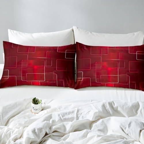 Feelyou Boys Geometric Bed Sheets Sheet Set for Kids Teens Girls Women Red Grid Art Decor Bed Set Simple Modern Fashion Sheets Bedroom Collection 4Pcs Full Size