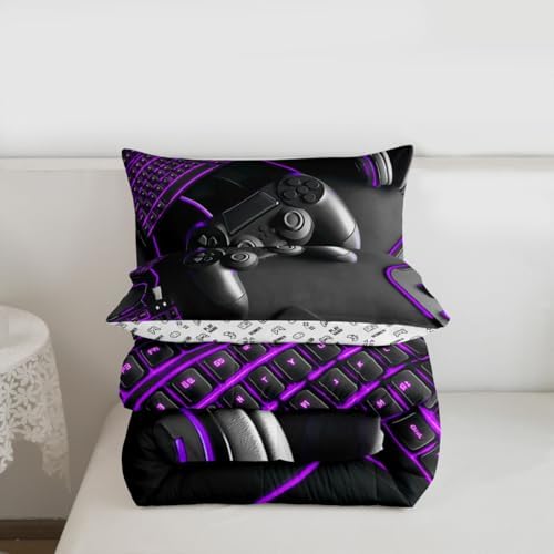 Feelyou Gamer Kids Comforter Set King Size Gaming Bedding Set Game Room Decor Duvet Quilt for Kids Boys Girls Bedroom Gamepad Decor Purple Microfiber Ultra Soft Breathable
