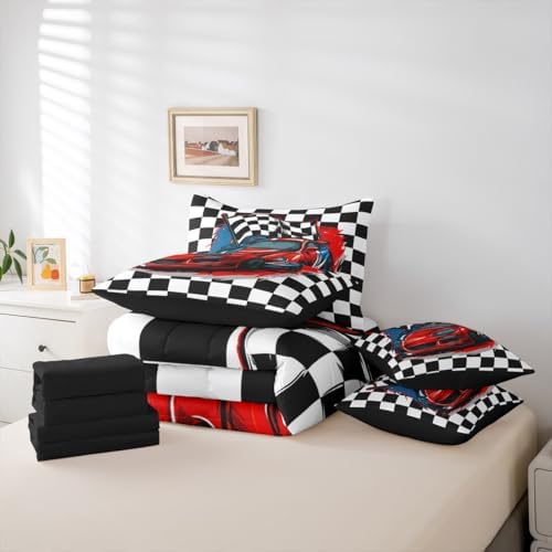 Erosebridal Racing 7 Piece Bedding Set Queen Size Race Car Competition Extreme Sports Bed in A Bag Red Automobile Comforter with Sheets Geometric Grid Cartoon Bed Sets