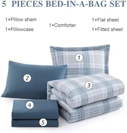 Plaid Twin XL Comforter Set Light Blue 5 Pieces College Dorm Bed in a Bag