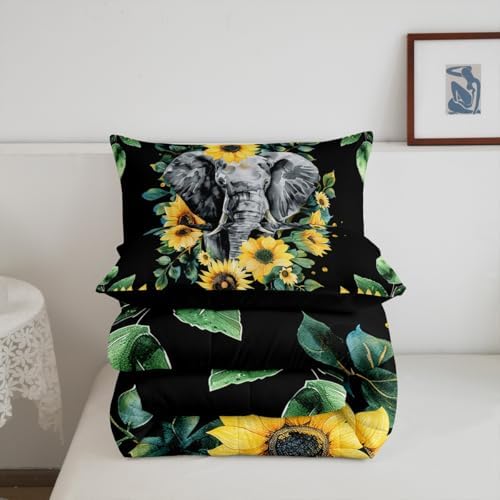 Elephant Comforter Set, Yellow Sunflower Down Comforter Full Size for Kids Girls Teens Adult Bedroom Decor, African Safari Animal Duvet Sets Floral Petal Country Bedding Set with 2 Pillow Cases