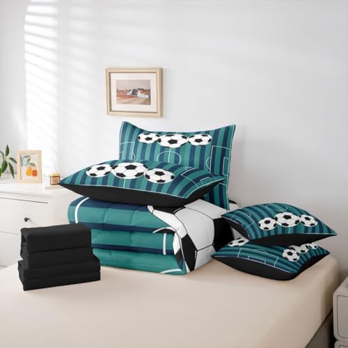 Erosebridal Sports Theme Soccer Blue Gaming Playground Boys King 7-Piece Comforter Set | Football Court Sheets and Pillowcases Striped Bed in A Bag Striped Bed Sets