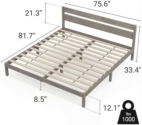LIFEMENT King Bed Frame with Headboard Classic Wood Platform, Noise Free, Under Bed Storage, No Box Spring Needed, Easy Assembly, Gray