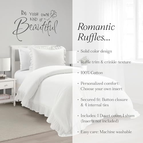 Lush Decor Reyna Ruffle Cotton Duvet Cover Set 2 Piece Set Twin XL, White - Cute Teen Bedding Set - White Duvet - Ruffled Bedding - Coquette Dorm Decor