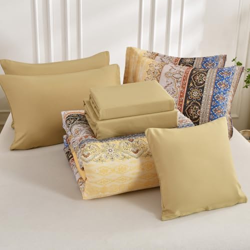 Cottolester Boho Full Comforter Set,Yellow Bohemian Striped Bed in a Bag
