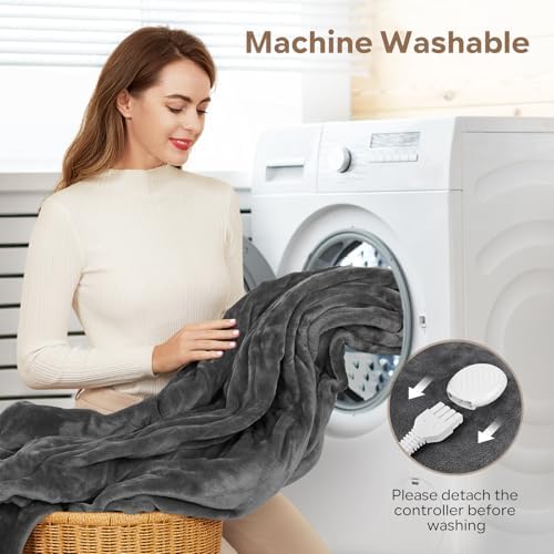 Electric Heated Blanket Queen Size with 6 Levels & 8h Auto Off, Ultra Soft Flannel Full Body Heating Blanket, Machine Washable, Gift for Mom Grandma, Grey, 84" x 90"