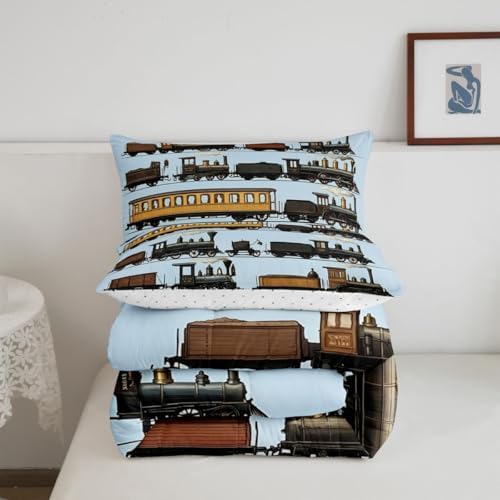 Erosebridal Vintage Steam Train Comforter Set King Travel Locomotive Train Bedding Set Transport Vehicle Comforter for Kids Boys Girls Steampunk Railway Quilt Duvet Blue