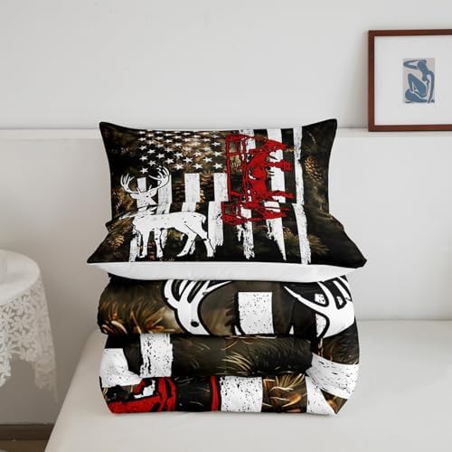 Manfei Deer Comforter Set Full Size, Wildlife Elk Hunting Theme Bedding Set 3pcs for Kids Boys Teens Bedroom Decor, American Flag Deer Quilt Set Wild Animal Duvet Set with 2 Pillowcases