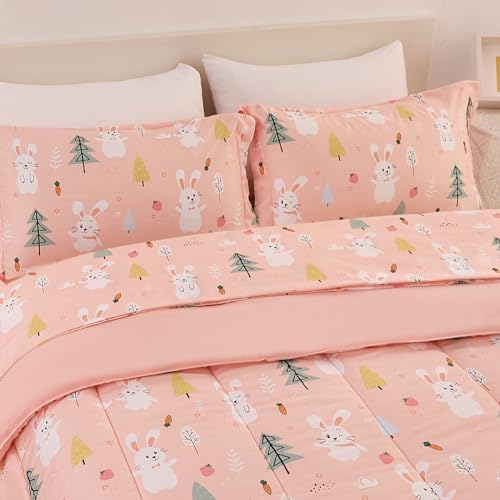 Yibeizi Pink Bunny Kids Comforter Set for Girls Twin Cute Bedding