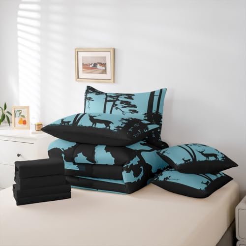 Erosebridal 7 Pcs Deer Bed in A Bag Wild Animals Deer Comforter Set for Kids Boys Girls Western Rustic Cabin Bedding Sets Twin Country Jungle Pine Tree Sheet Set with Comforter Natural Forest Decor
