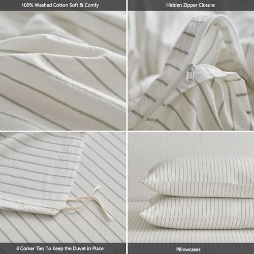 MooMee Striped Duvet Cover Set 100% Washed Cotton Linen Like Alaska King