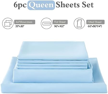 ILAVANDE Queen Sheets Set 6 Piece,Hotel Luxury Super Soft 1800 Series Microfiber Queen Bed Sheets Set-Wrinkle Free & Breathable-14 Deep Pocket Sheets for Queen Size Bed(Queen,Baby Blue)