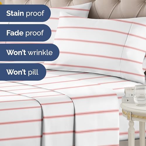 Full 4 Piece Striped Sheet Set - Soft, Breathable & Cooling - Red Stripe