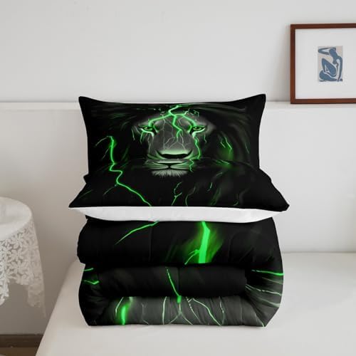 Erosebridal Lion Comforter Set Bedding Set Twin,Vintage Safari Animal Down Comforter Green Retro Lightning Lion Bedding Set for Kids Boys Teens Adults Men Dark Grey Lion Bed Set Soft Duvet Set 2 Pcs
