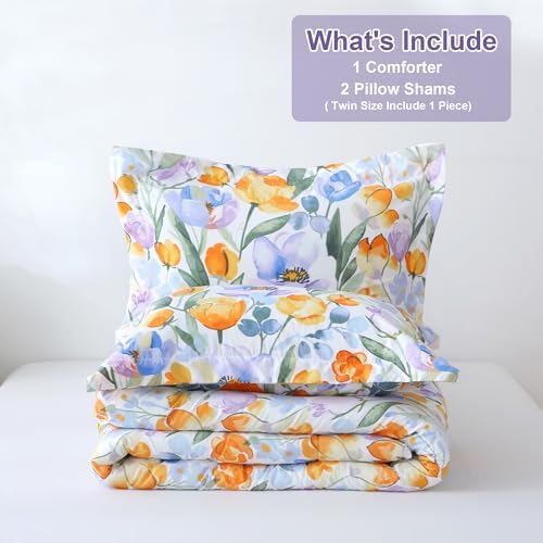 Mooreeke Floral Full Size Comforter Sets, Vintage Purple Orange Floral Patterned Bedding for All Seasons, 3-Piece Vintage Bed in a Bag with Fluffy Quilted Reversible Comforter & 2 Pillow Shams