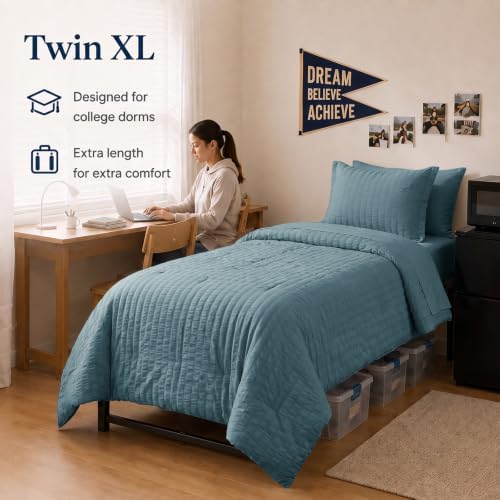 CozyLux Twin XL Comforter Set 5 Pieces Mineral Blue Seersucker Bed in a Bag