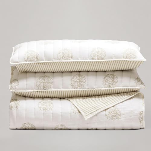 Wonderful Cotton Gauze Quilt Set Queen Size Off White Floral Bed Cover for All Season, Reversible Voile Quilt Bedding Sets with Pillow Shams for Queen Bed, Floral Bedspread Coverlet Set