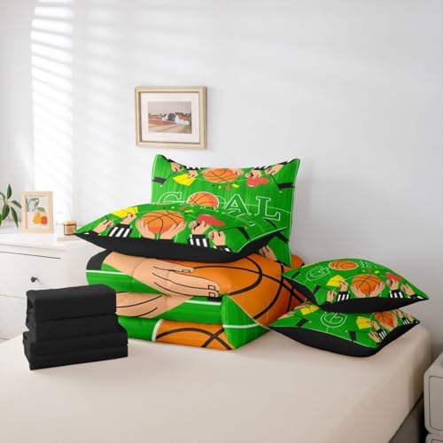 Erosebridal Boys Basketbal Gaming Pattern Green Boys Kids King 7-Piece Comforter Set | Playground Sheets and Pillowcases Ball Games Sports Theme Bed in A Bag Geometric Bed Sets