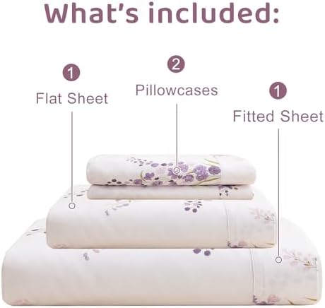 QSH Purple Floral Bed Sheets King Size 100% Egyptian Cotton Lavender Flower Bedding Sheets King Size Bedsheets Sets 17.5" Extra Deep Pocket 4pcs