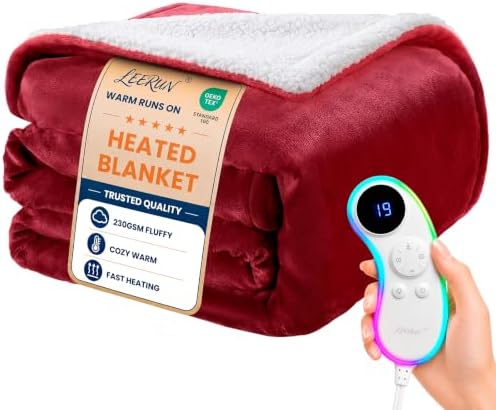 Soft Heated Blanket Full: Fluffy 220GSM Flannel Sherpa Cozy Warm | 9 Heat Levels Fast Even Warmth 125.6°F and 9H Auto Off with 7 Night Light Controller - Overheat Protection - Grandma Gifts Red