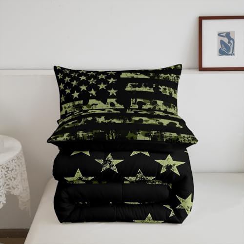 Erosebridal American Flag Bedding Set, Camouflage Comforter Set Twin for Kids Boys Teens Adult, USA Federations Stars Duvet Sets Geometric Stripes Camo Down Comforter for Bedroom Decor, Army Green