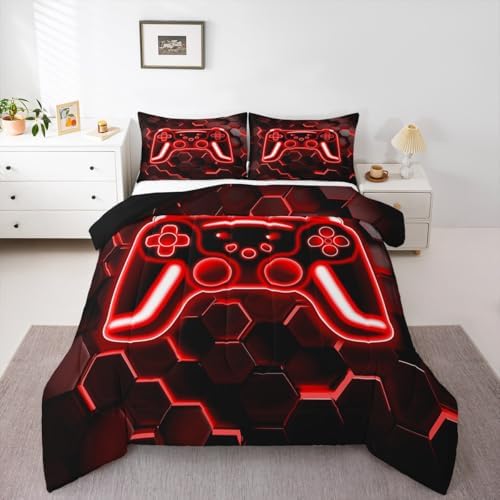 Erosebridal Gaming Comforter Set Neon Honeycomb Gamer King Bedding Set, Video Game Consoles Comforter Red Hexagon Lights Duvet Insert,Kids Bedroom Decor