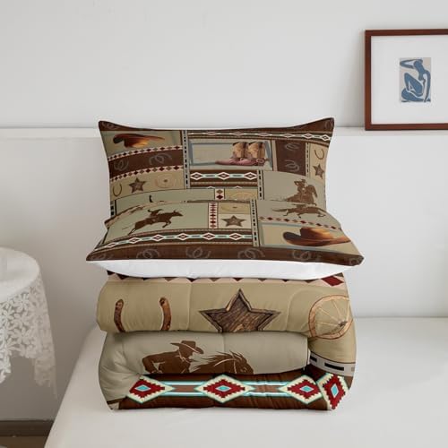 Manfei Western Comforter Set King Size, Cowboy Bedding Set 3pcs for Kids Boys Teens Bedroom Decor, West Horseshoe Boots Hats Wheels Quilt Set Rustic Farmhouse Duvet Set with 2 Pillowcases