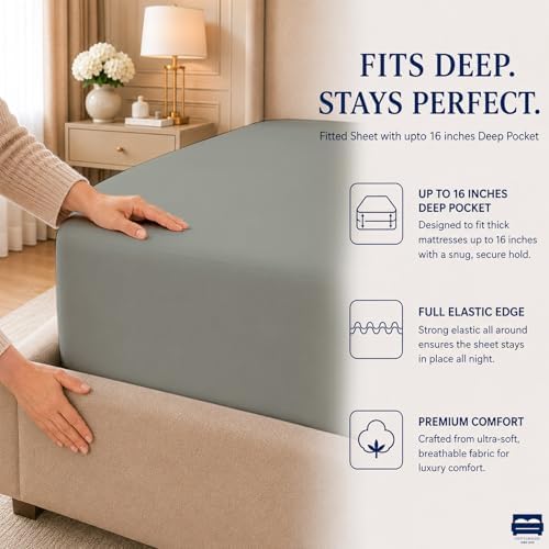 Cottingon 4 Piece Twin Sheets Fits 16" Deep, Egyptian Cotton, Light Grey