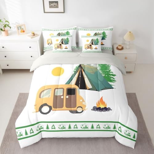 Erosebridal Rv Happy Camping Full Comforter Set with Sheets Camper Decor 7-Piece Bedding Set for Kids Boys Teens Bedroom Rustic Farmhouse Bed in A Bag Pine Tree Bonfire Bed Sets, Green White