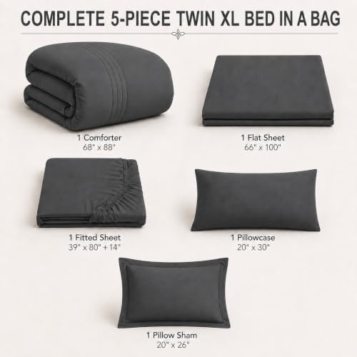Twin XL Comforter Set with Sheets Dark Grey, 5 Pieces Bed in a Bag