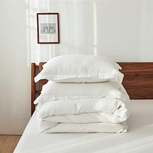 Simple&Opulence 100% Linen Duvet Cover Set 3pcs Basic Style Natural French Washed Flax Solid Color Soft Breathable Farmhouse Bedding with Button Closure - White, Queen