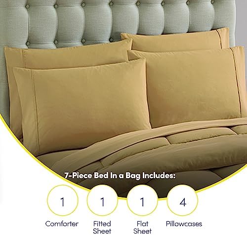 Sweet Home Collection 7 Piece Comforter Set Bag Solid Color All Season Soft Down Alternative Blanket & Luxurious Microfiber Bed Sheets, Camel, Full