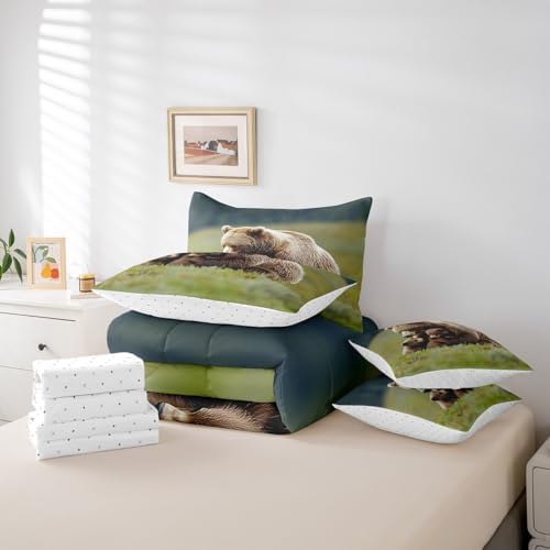 Erosebridal Grizzly Bear Comforter Set Twin Brown Bear Family 7 Piece Bedding Set Rustic Farmhouse Bed in a Bag Country Animals Sheet Set with Comforter Western Hutning Cabin Lightweight Decor